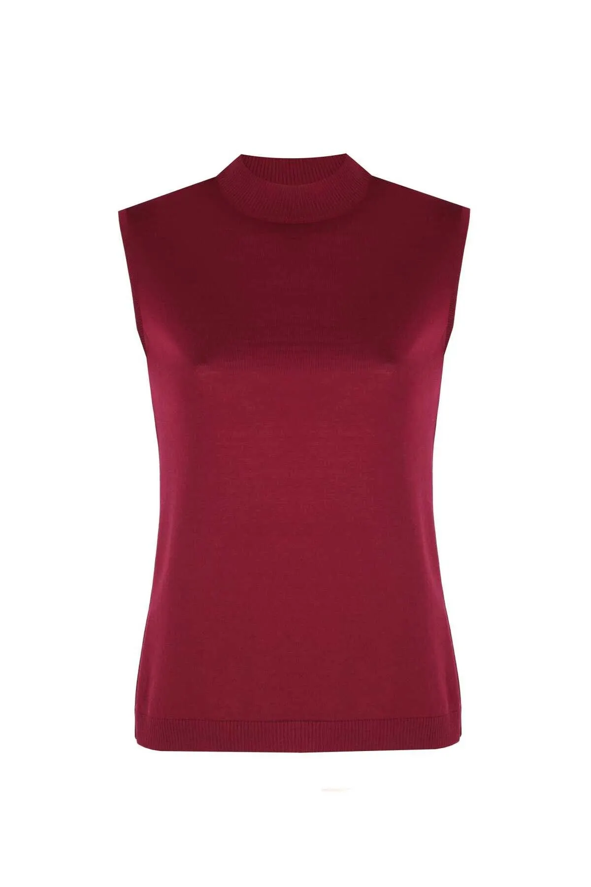 100% Wool Burgundy Half Neck Sleeveless Knitwear Blouse