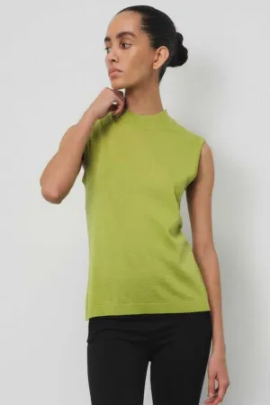 100% Wool Green Half Neck Sleeveless Knitwear Blouse