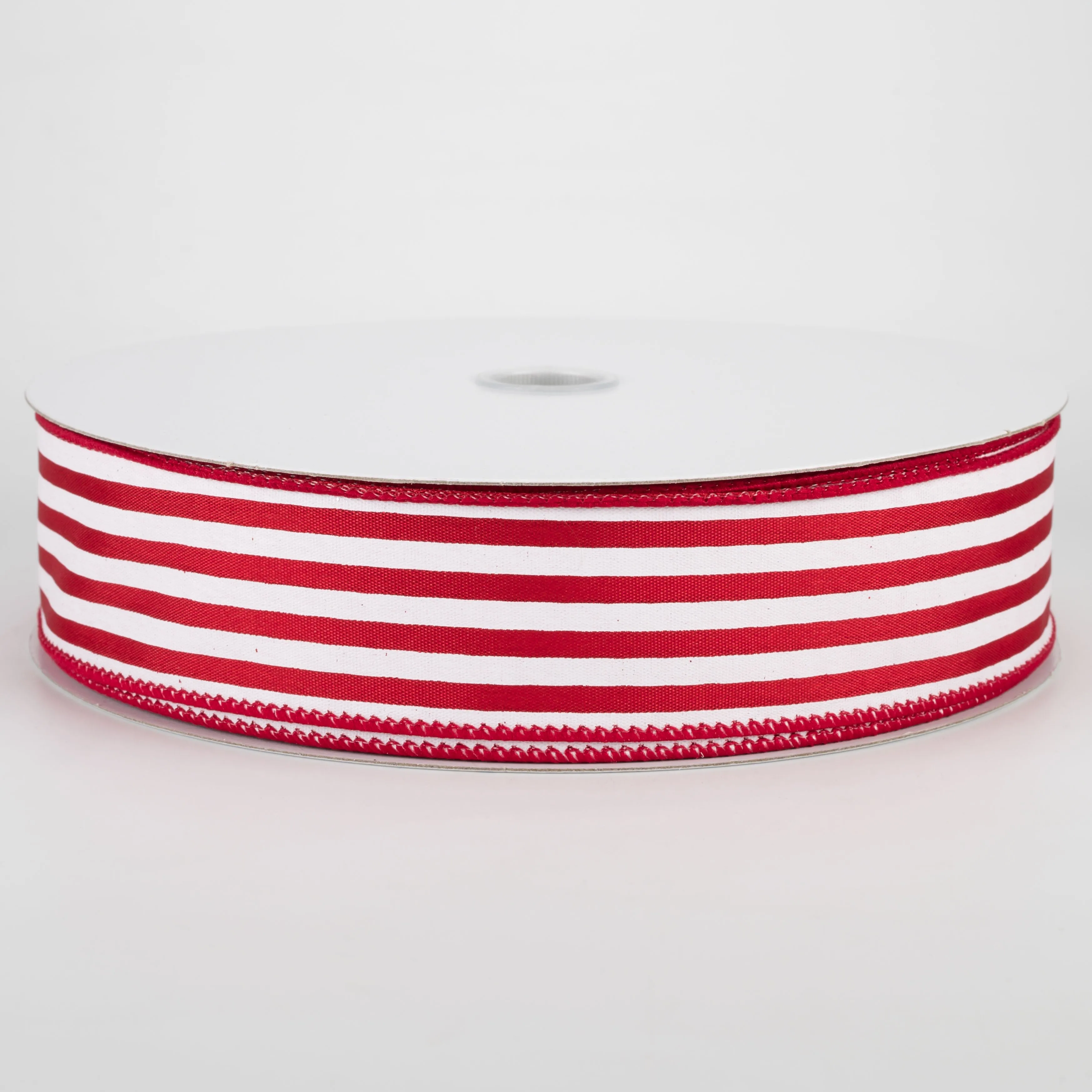 1.5" Cabana Stripes Ribbon: White on Red Satin (50 Yards)