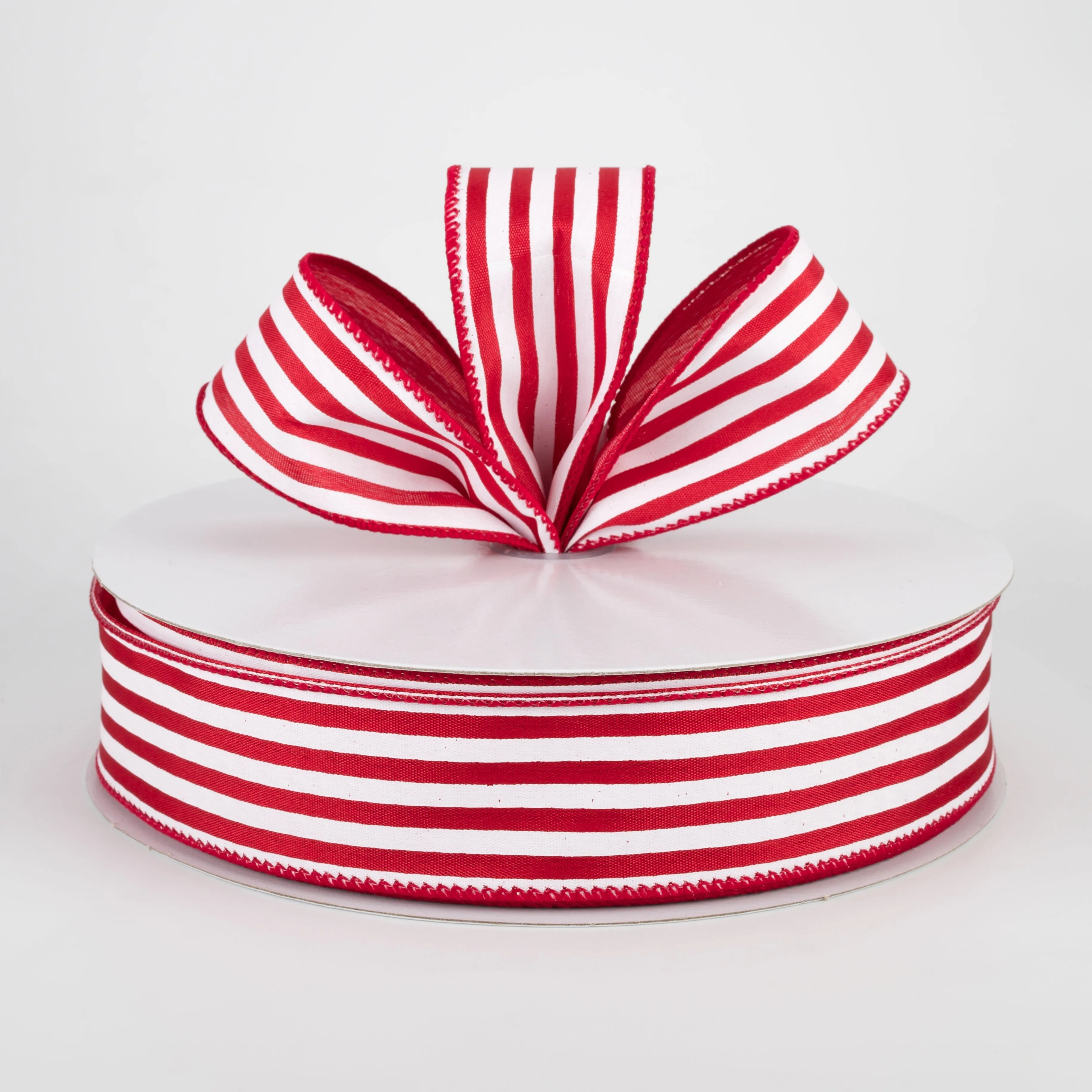 1.5" Cabana Stripes Ribbon: White on Red Satin (50 Yards)