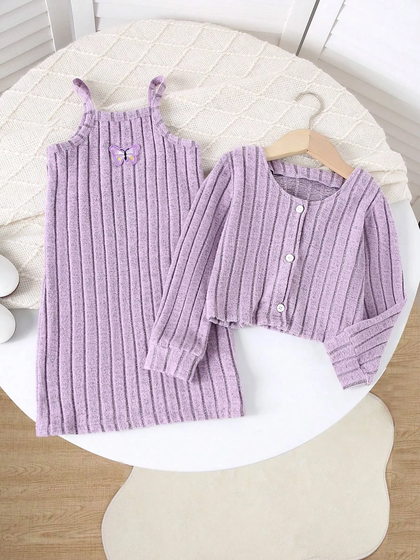 2pcs Girls' Ribbed Jacket And Strap Dress Casual Outfit, Fall/Winter