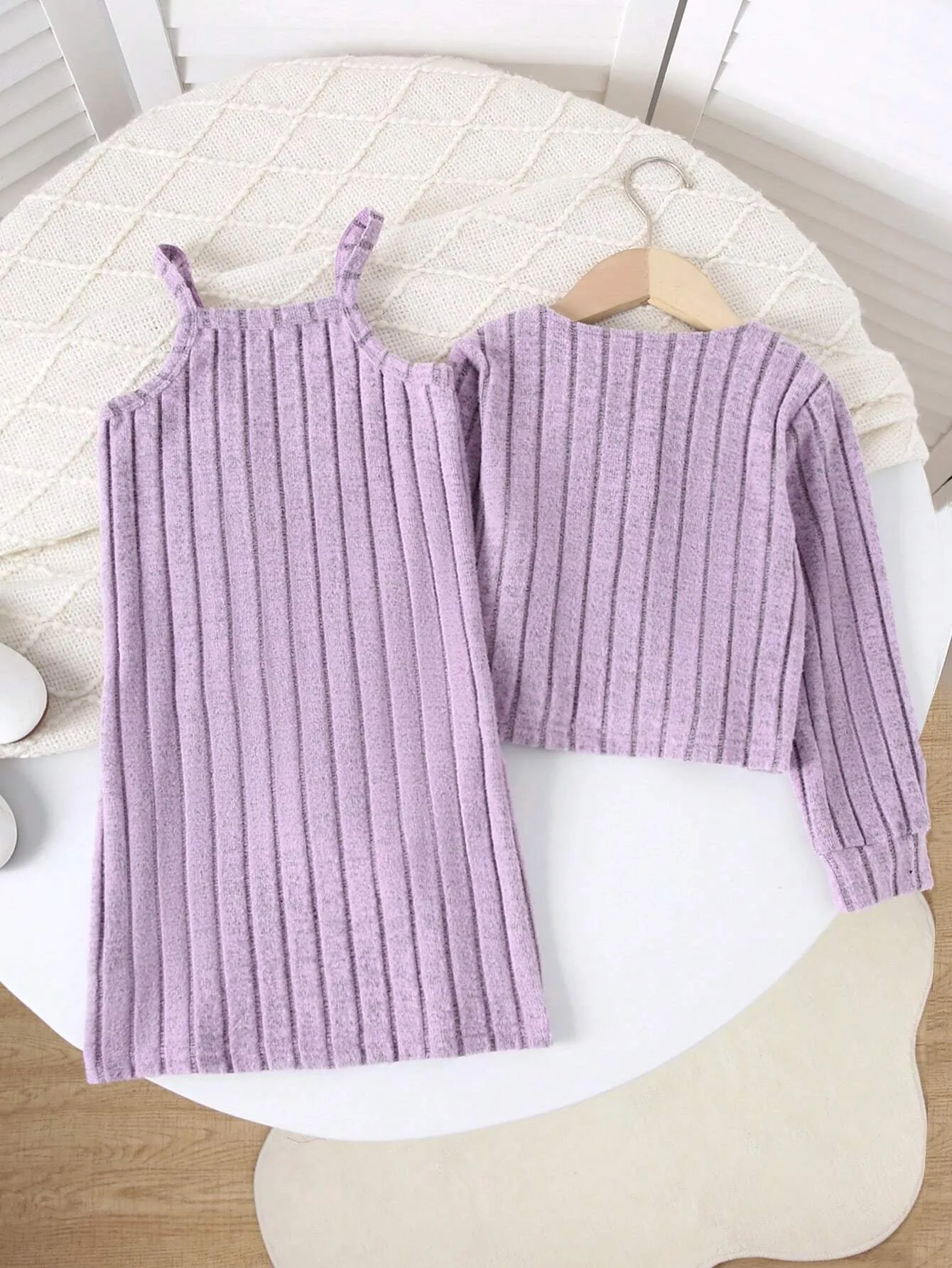 2pcs Girls' Ribbed Jacket And Strap Dress Casual Outfit, Fall/Winter