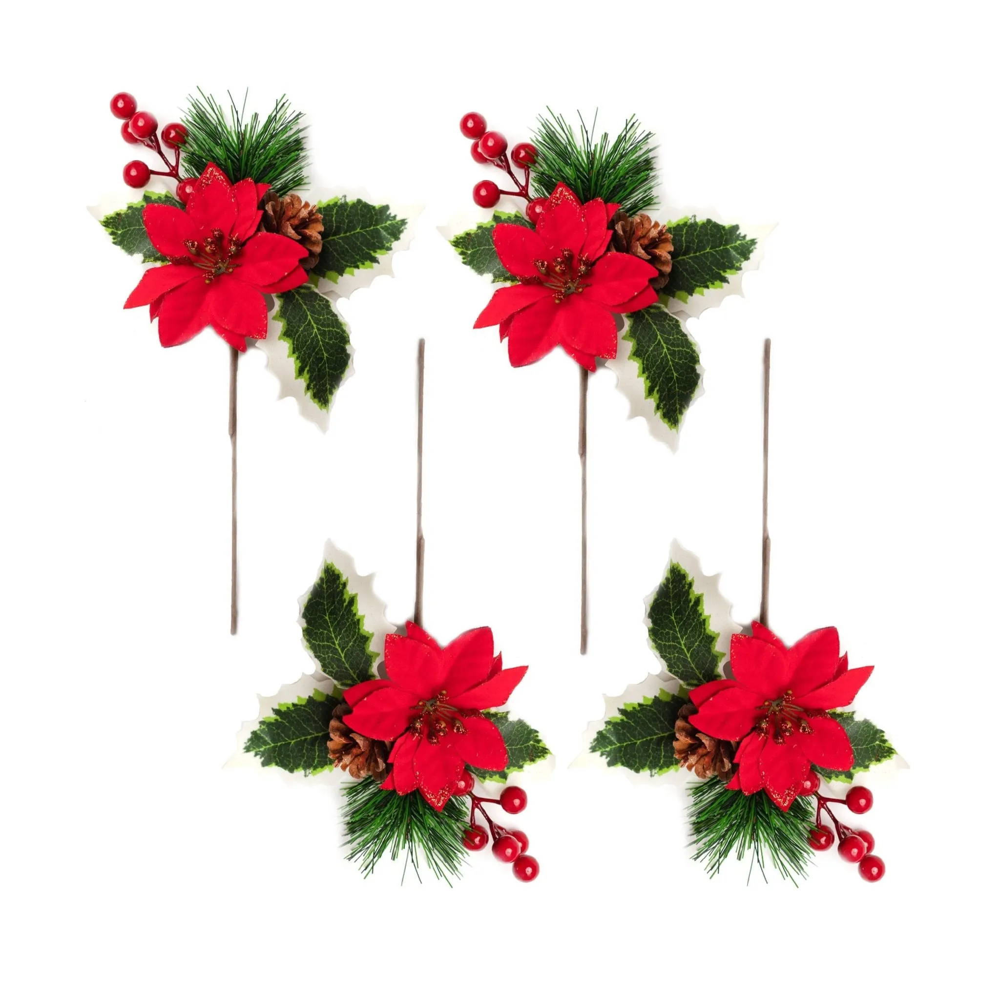 4pcs 26cm Poinsettia Red Berries Pick 01704