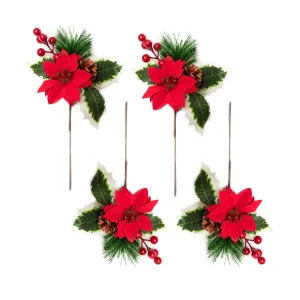 4pcs 26cm Poinsettia Red Berries Pick 01704