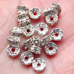 6mm Rondelle Beads with Rhinestones / Bling Round Rondell Spacer (20pcs / Silver with Clear Rhinestones) Bracelet Necklace Wedding Deco F155