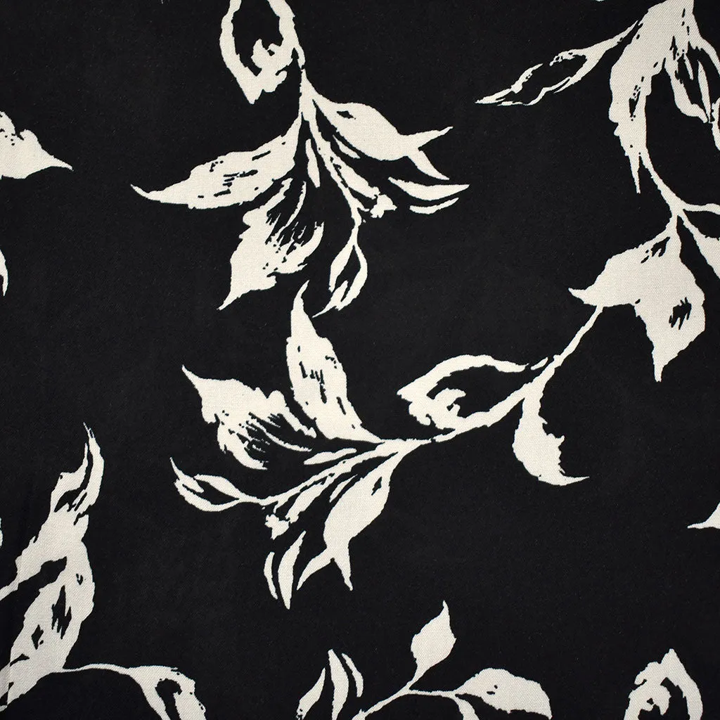 Abstract Vine Leaves Rayon Challis Black/Vanilla