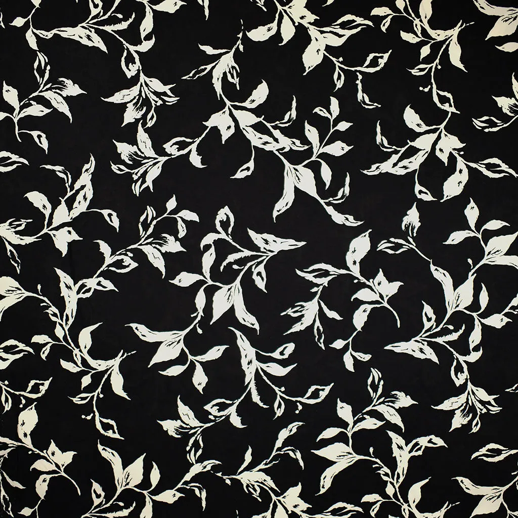 Abstract Vine Leaves Rayon Challis Black/Vanilla