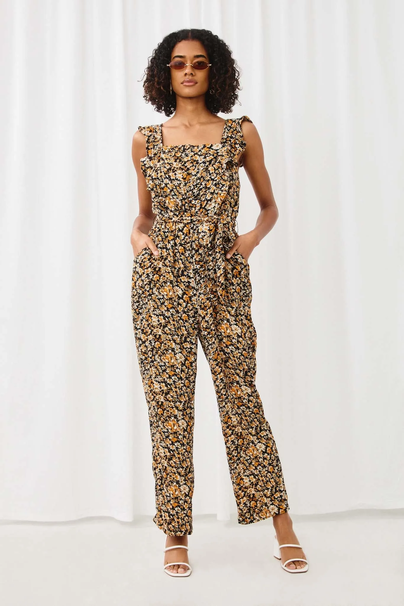 Belted Ruffle Shoulder Jumpsuit