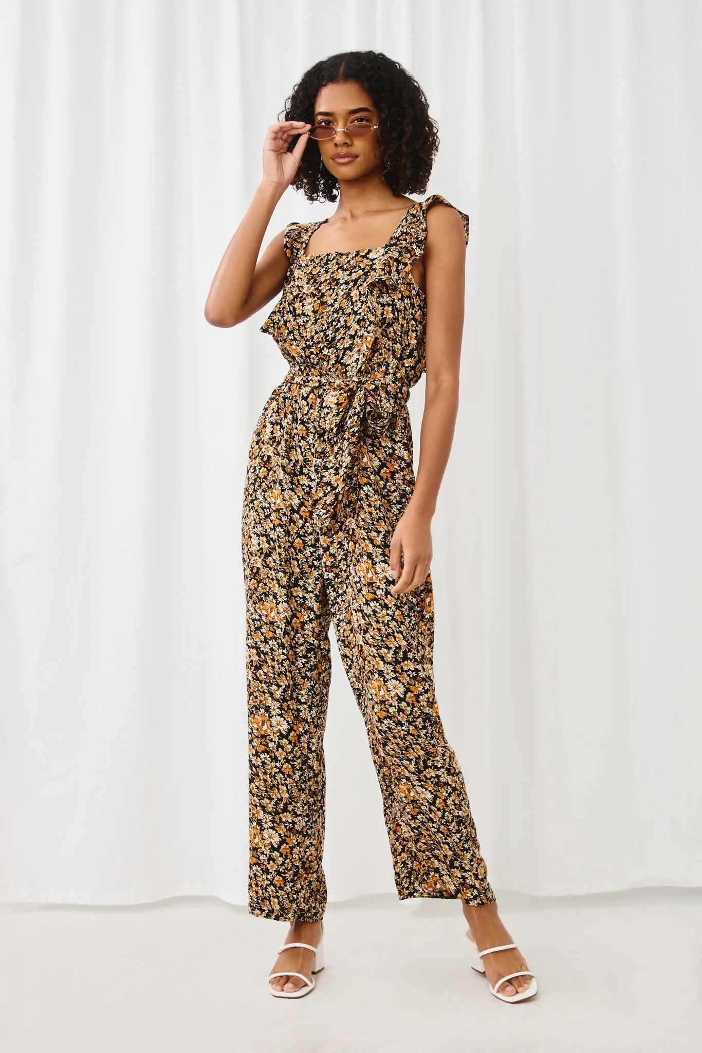 Belted Ruffle Shoulder Jumpsuit