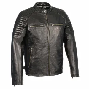 Black Leather Snap Collar Jacket with Quilted Shoulders