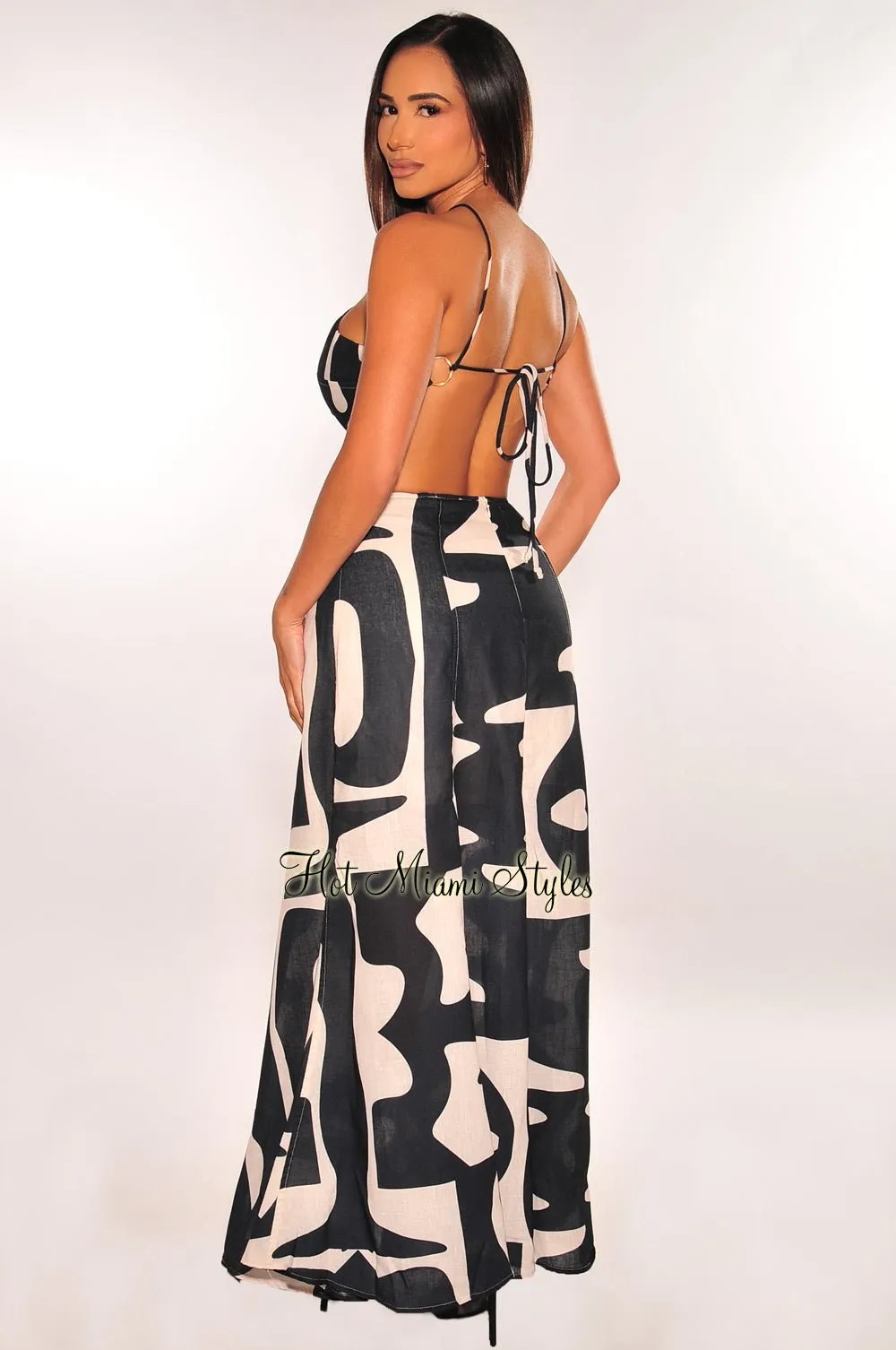 Black Nude Print Strappy Linen Cut Out Maxi Dress