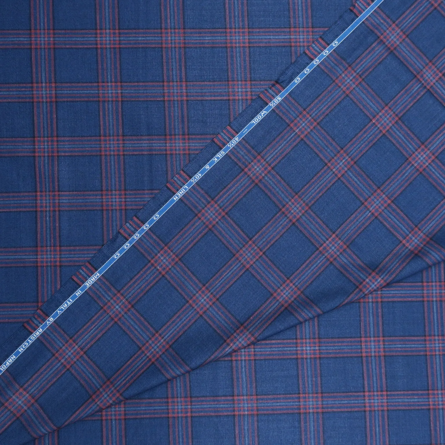 Blue and Red Tartan Ariston Wool, Silk and Linen Blend Fabric