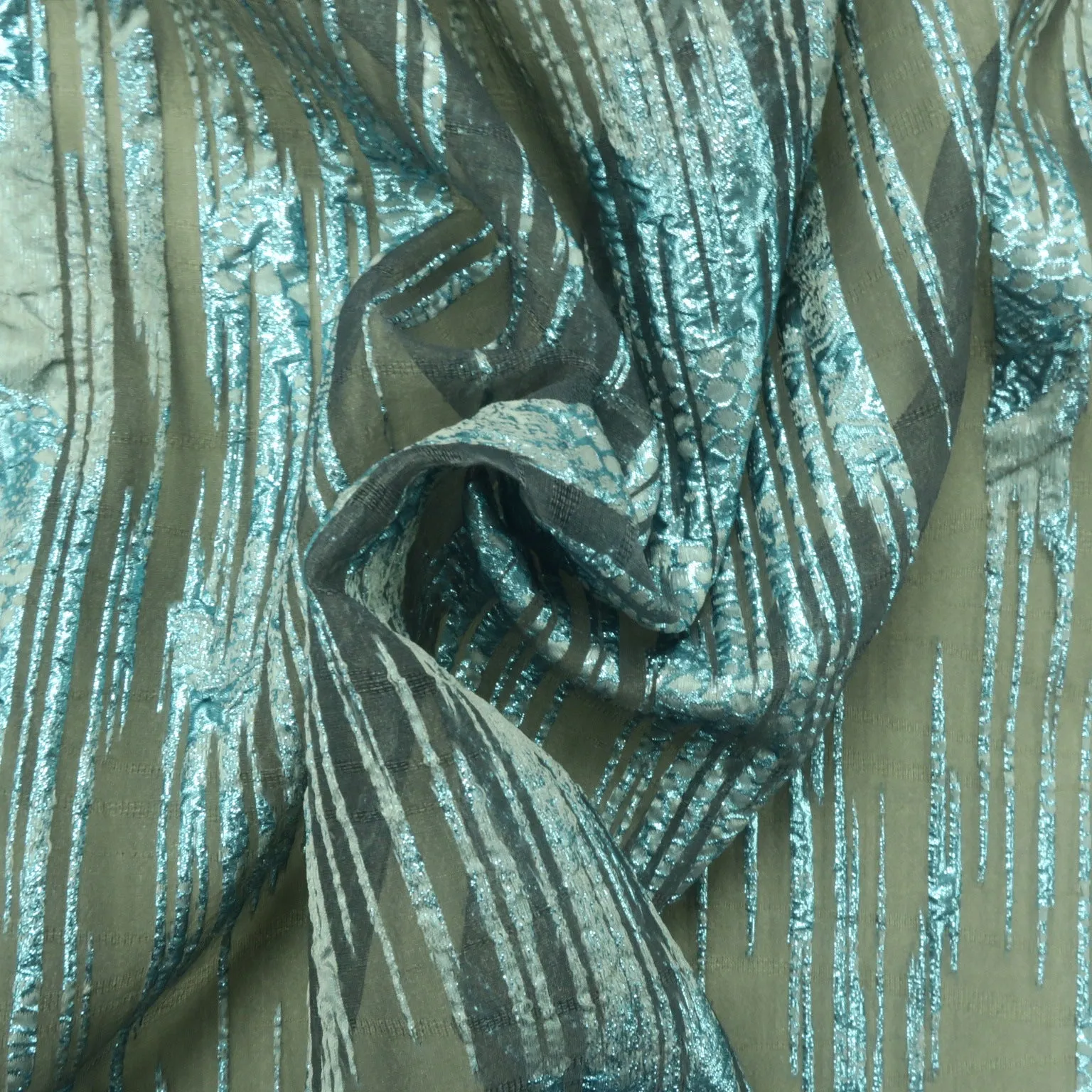 Blue and Silver Abstract Textured Brocade Fabric