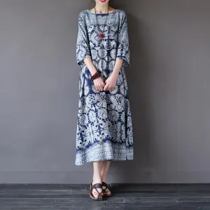 Blue Flower Vintage Women Dress