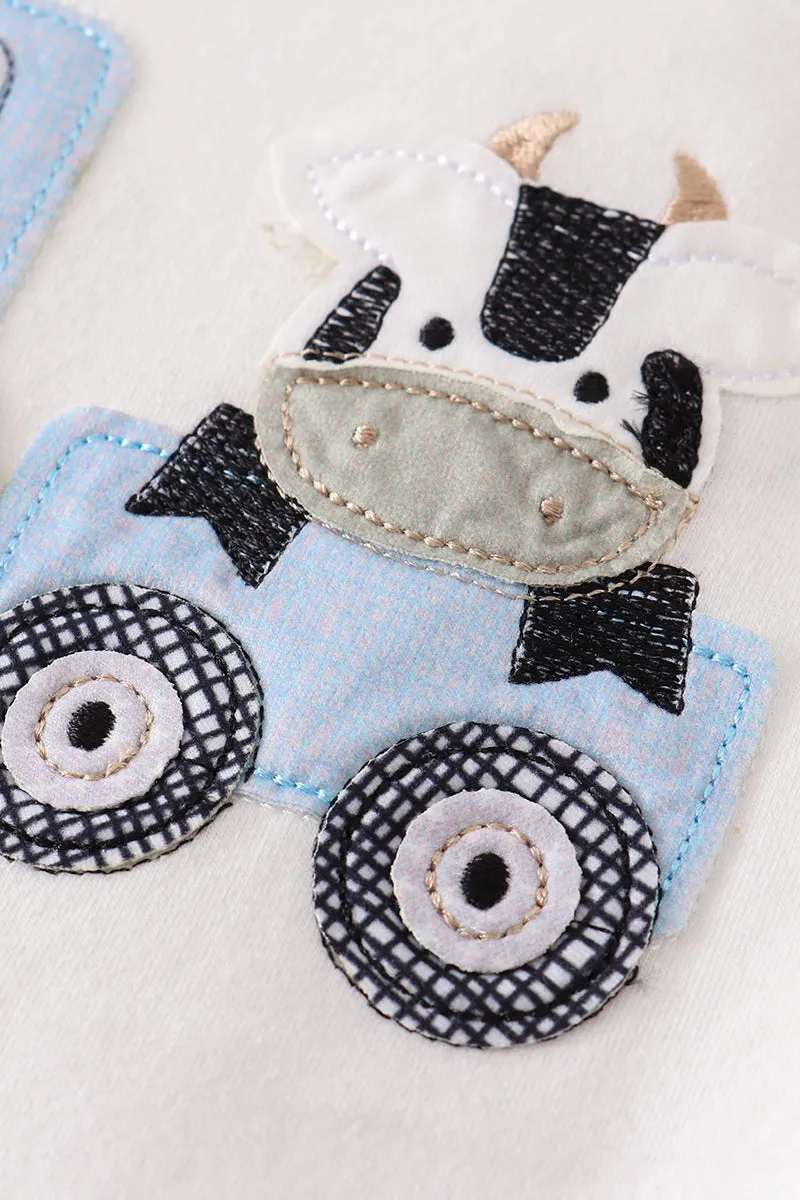 Blue tractor cow applique boy set