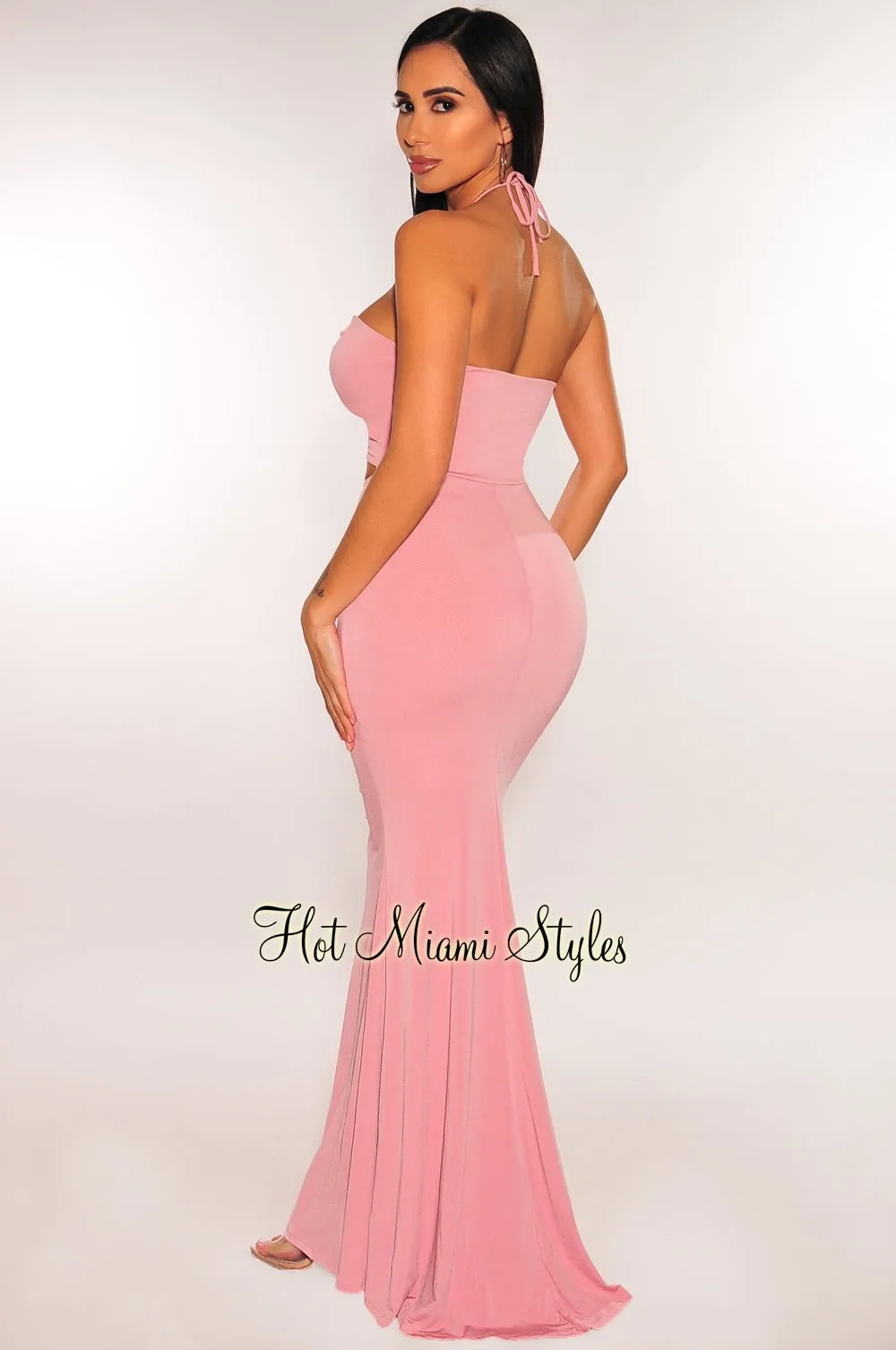 Blush Halter Keyhole Drawstring Cut Out Maxi Dress