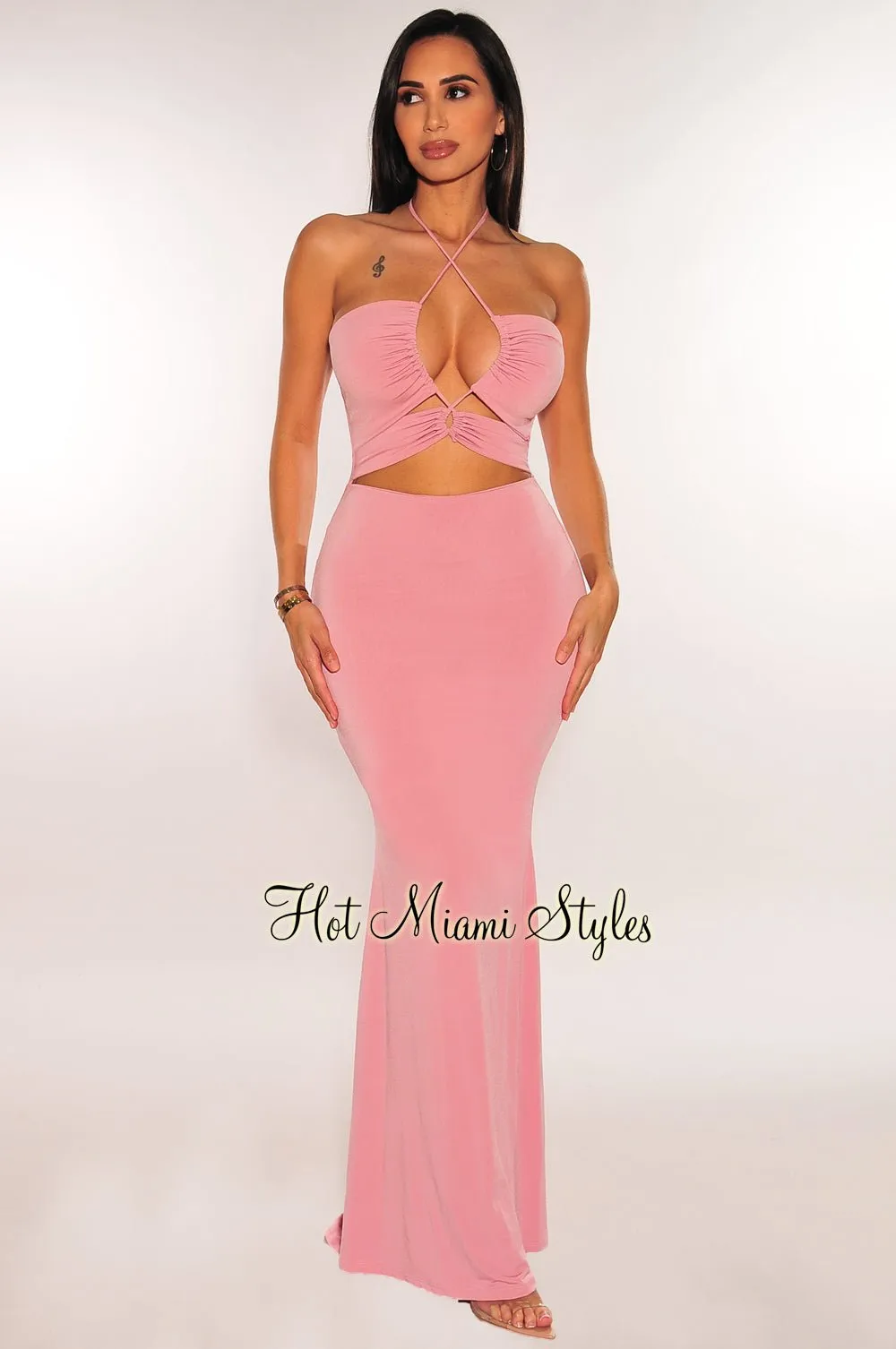 Blush Halter Keyhole Drawstring Cut Out Maxi Dress