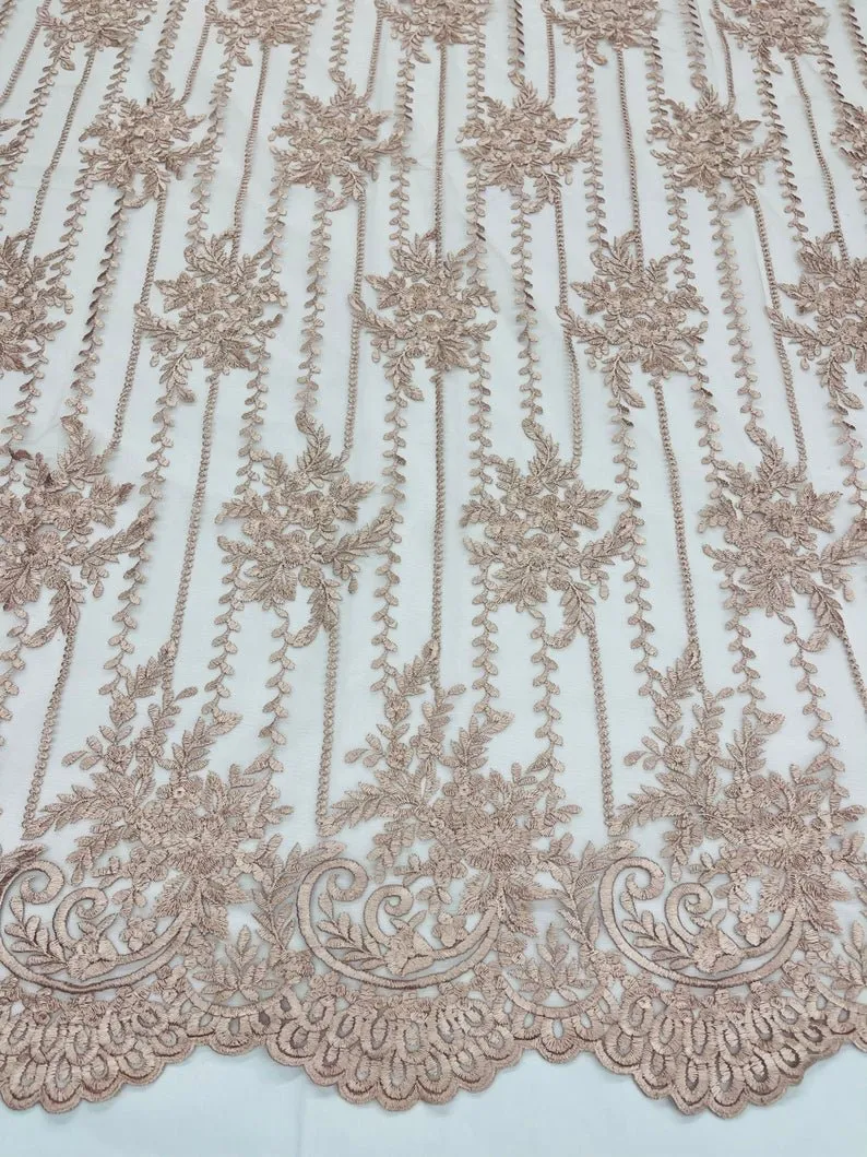 Blush Lace Fabric _ Embroidered Floral Flowers Lace on Mesh Fabric