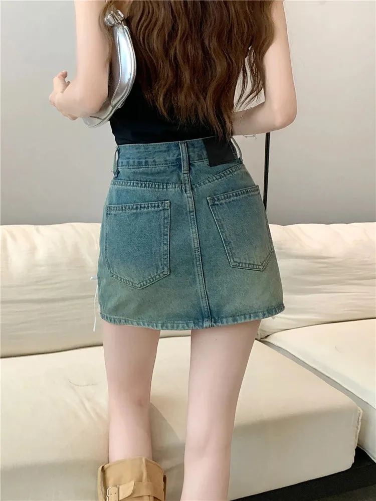 Bows Washed Denim Retro A-line Korean Casual Pocket High Waist Skirt