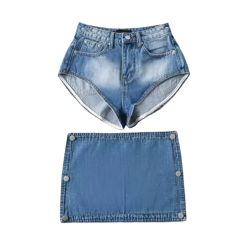 Button Spliced Denim Mini Skort