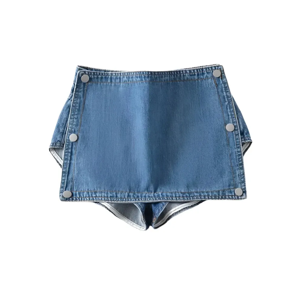 Button Spliced Denim Mini Skort