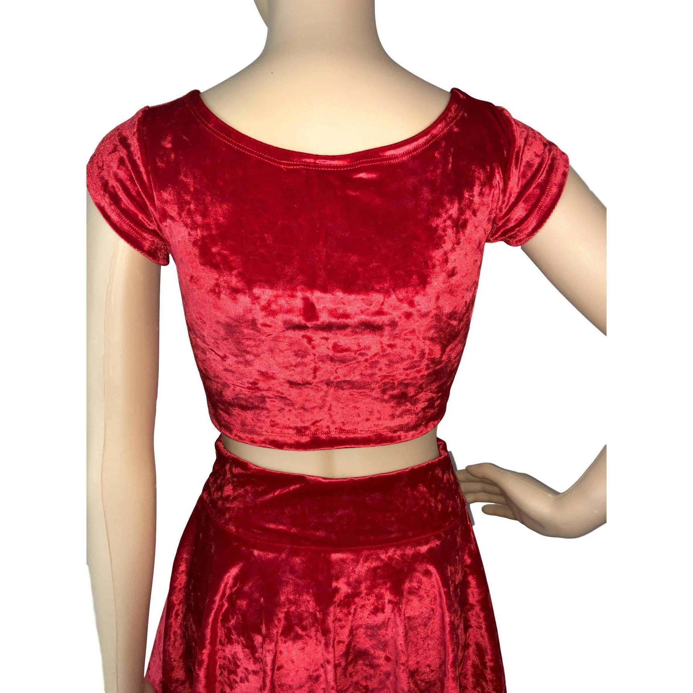 Cap Sleeve Crop Top - Red Crushed Velvet