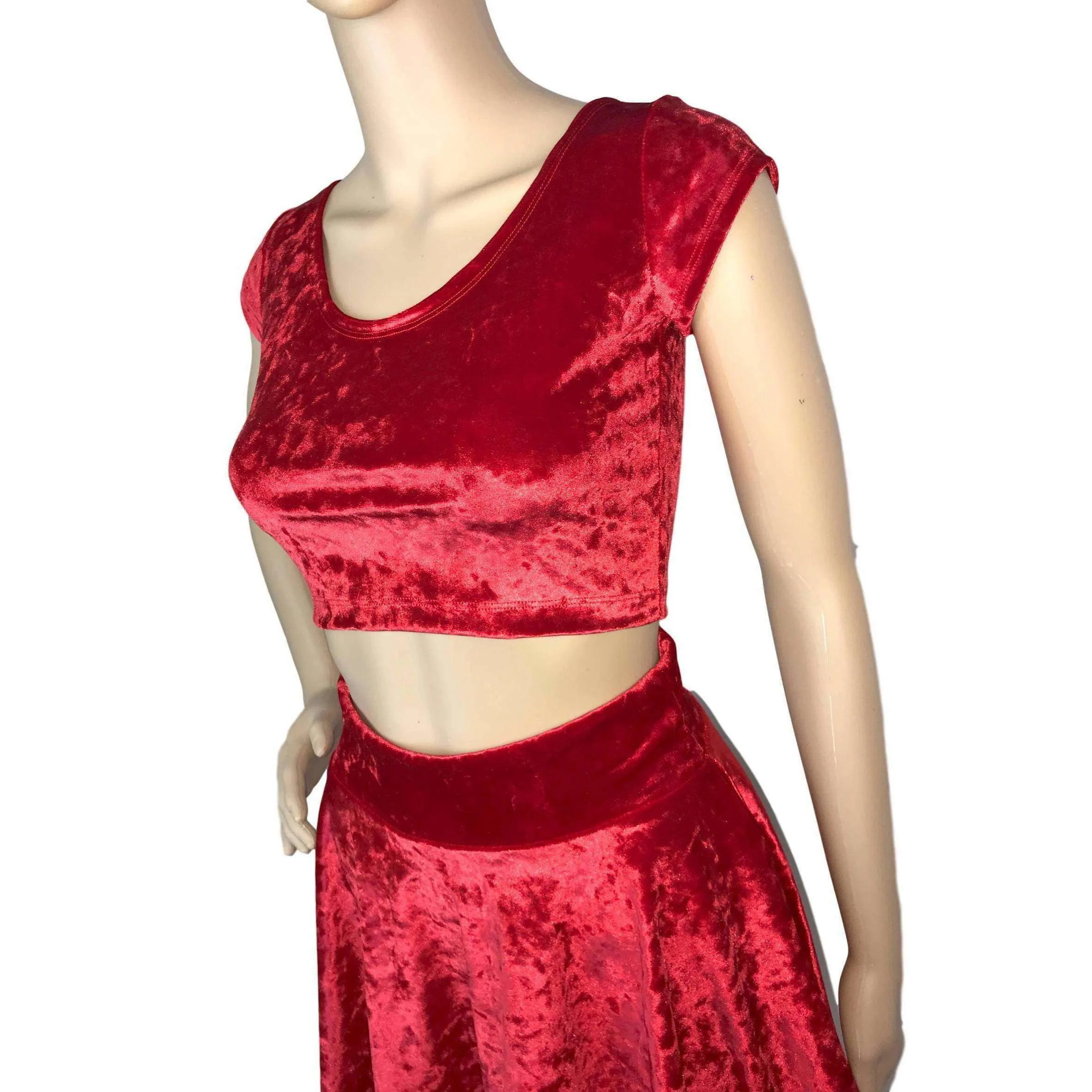 Cap Sleeve Crop Top - Red Crushed Velvet