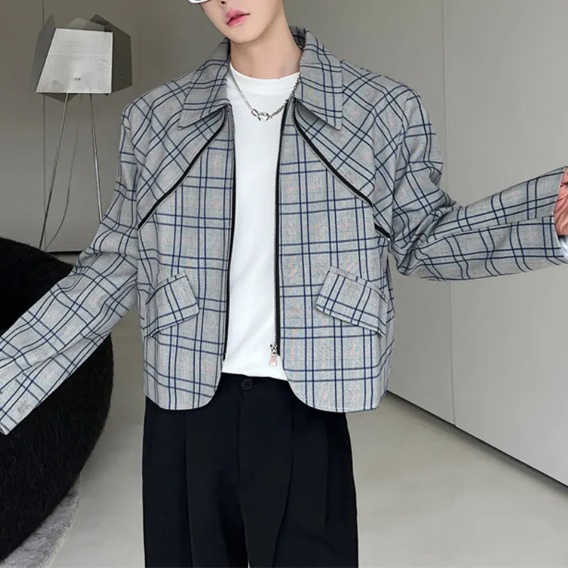 Casual Cropped Zipper Lapel Plaid Jacket