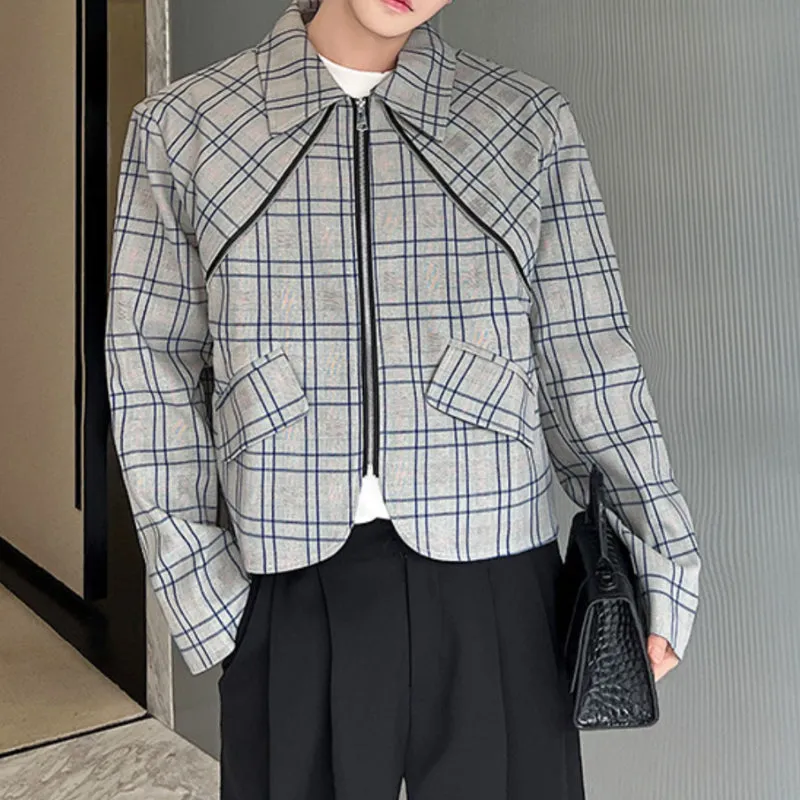 Casual Cropped Zipper Lapel Plaid Jacket