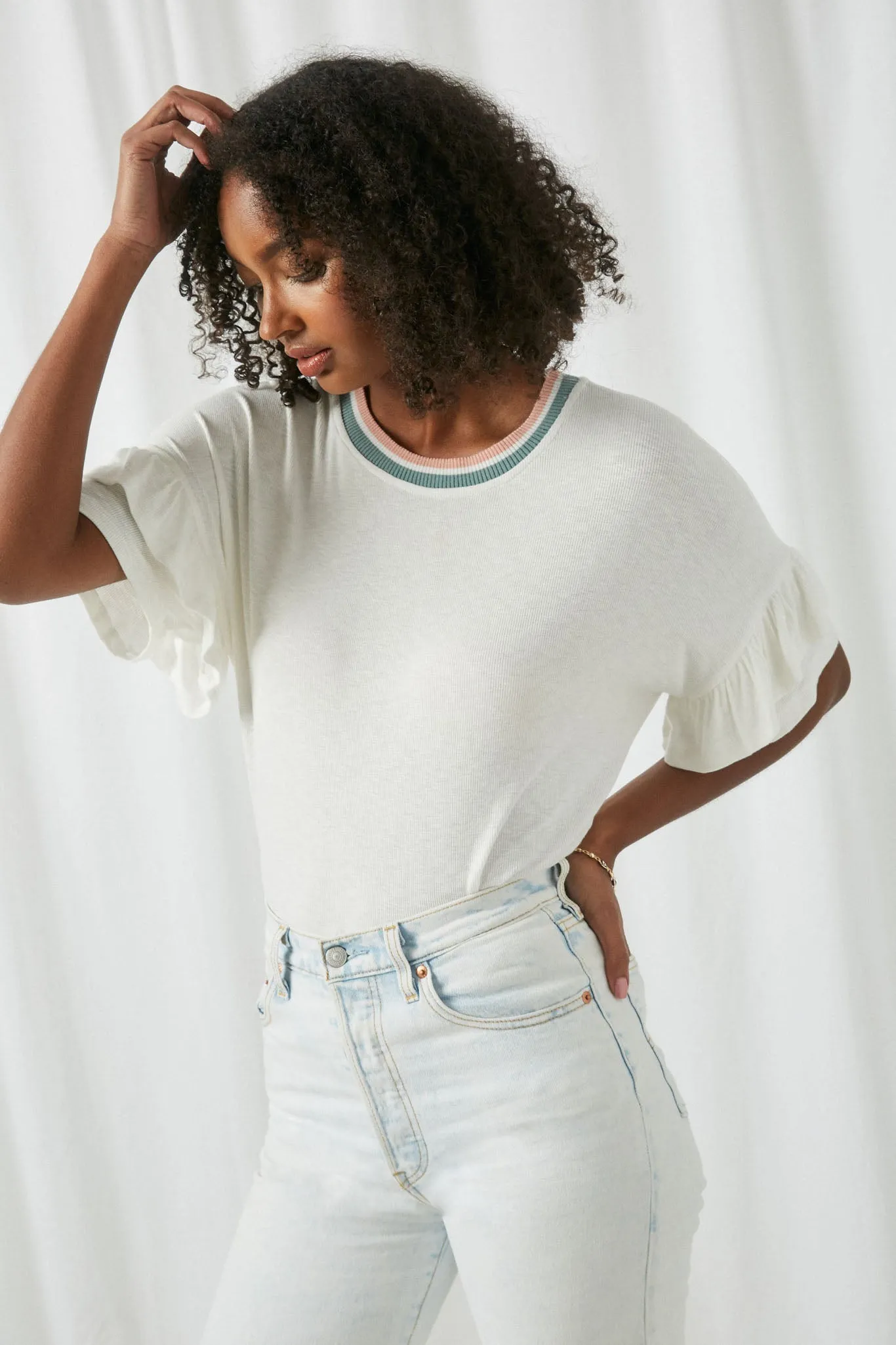 Contrast Ruffle Sleeve Top