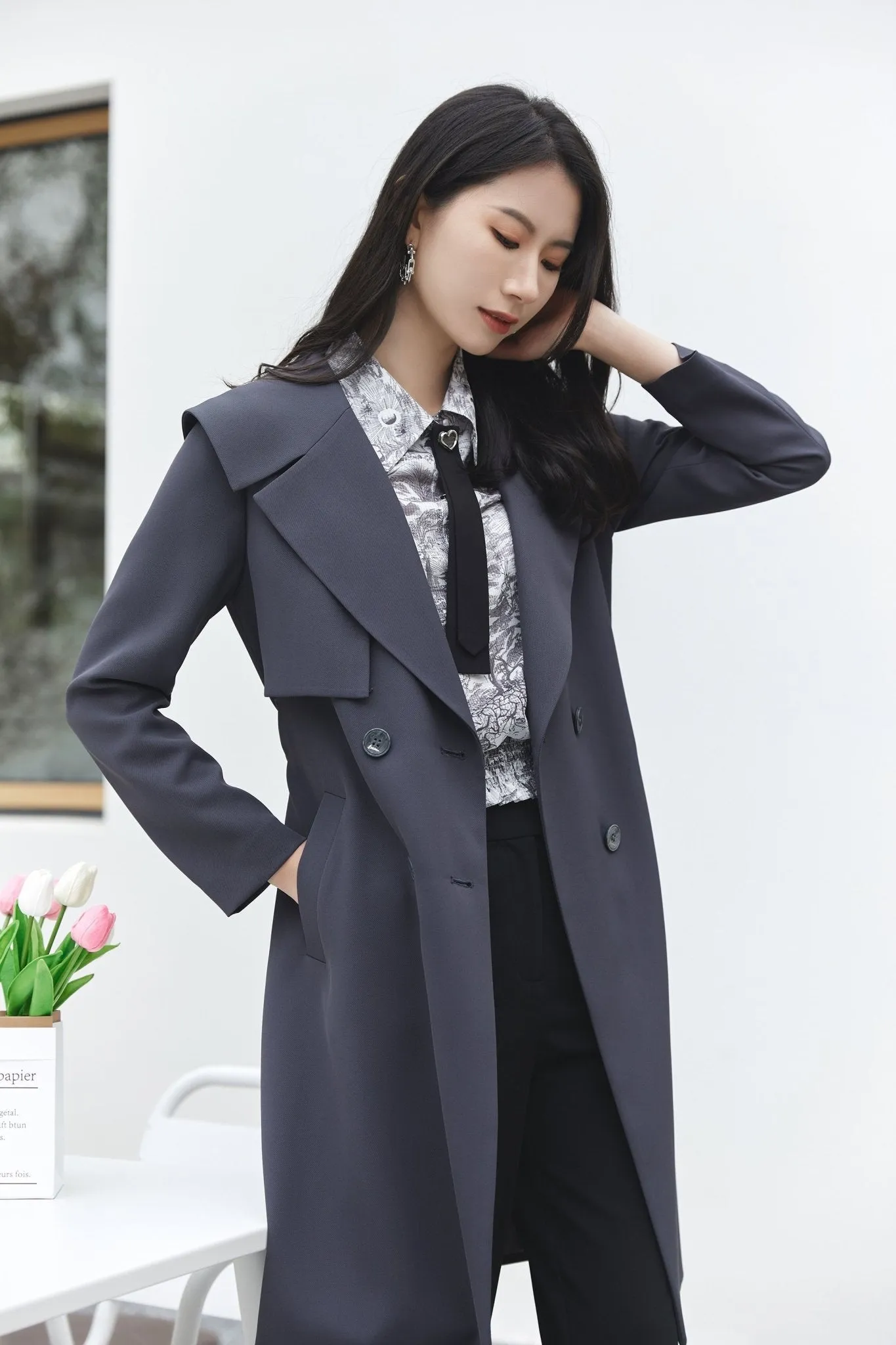 Dark Grey Belted Lapel Trench Coat