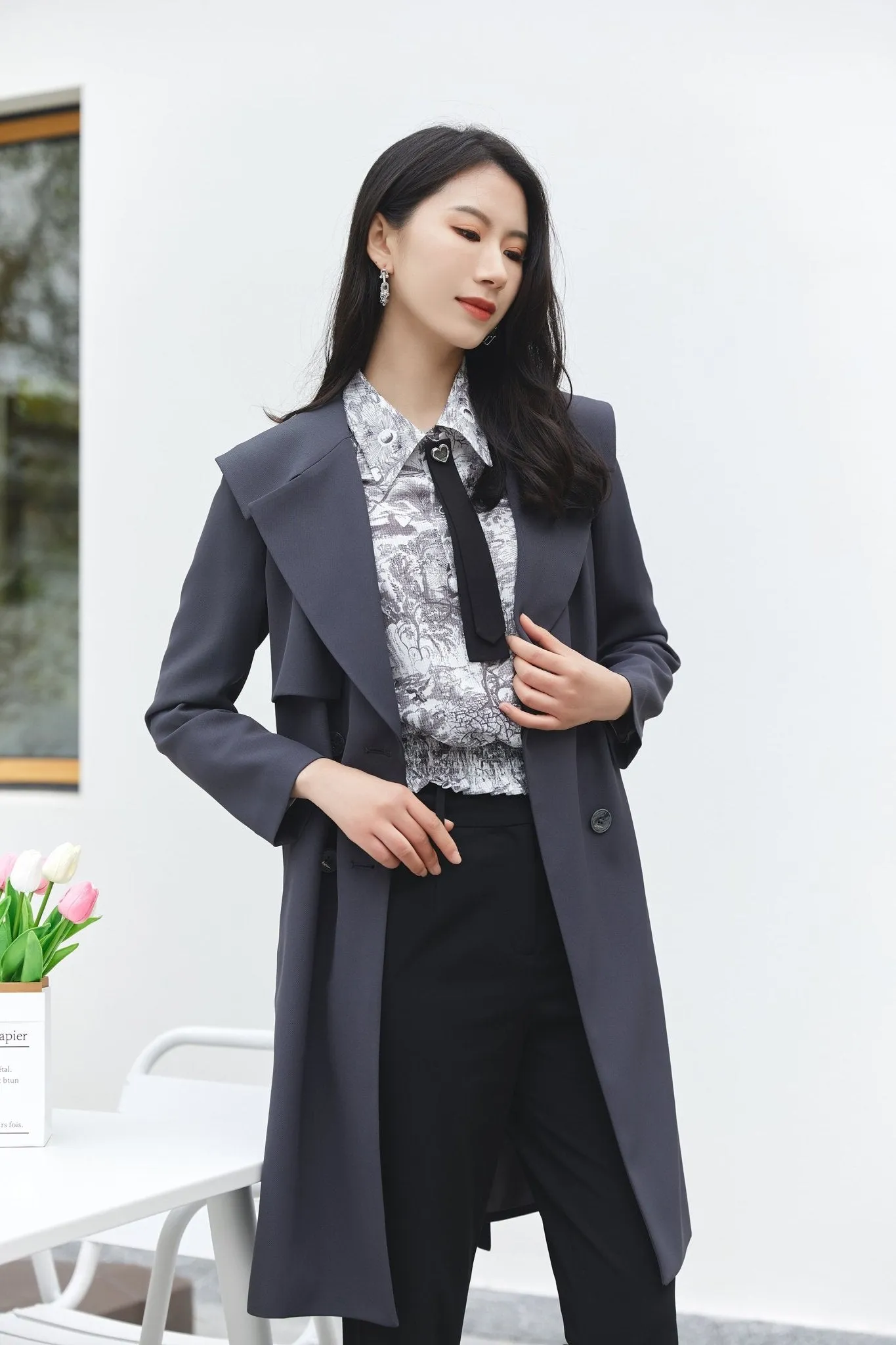 Dark Grey Belted Lapel Trench Coat