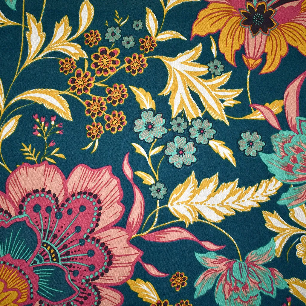 Designer Jacobean Vine Floral Rayon Voile Ocean/Multi