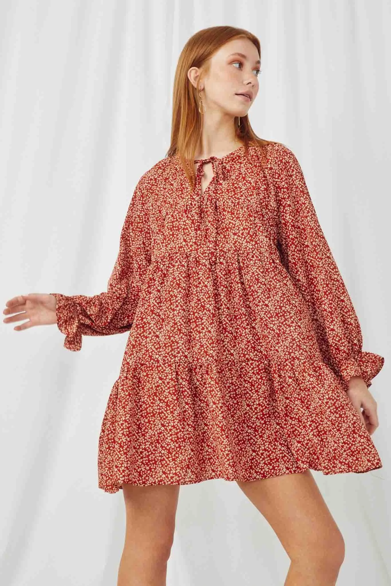 Ditsy Floral Tie Neck Long Sleeve Dress