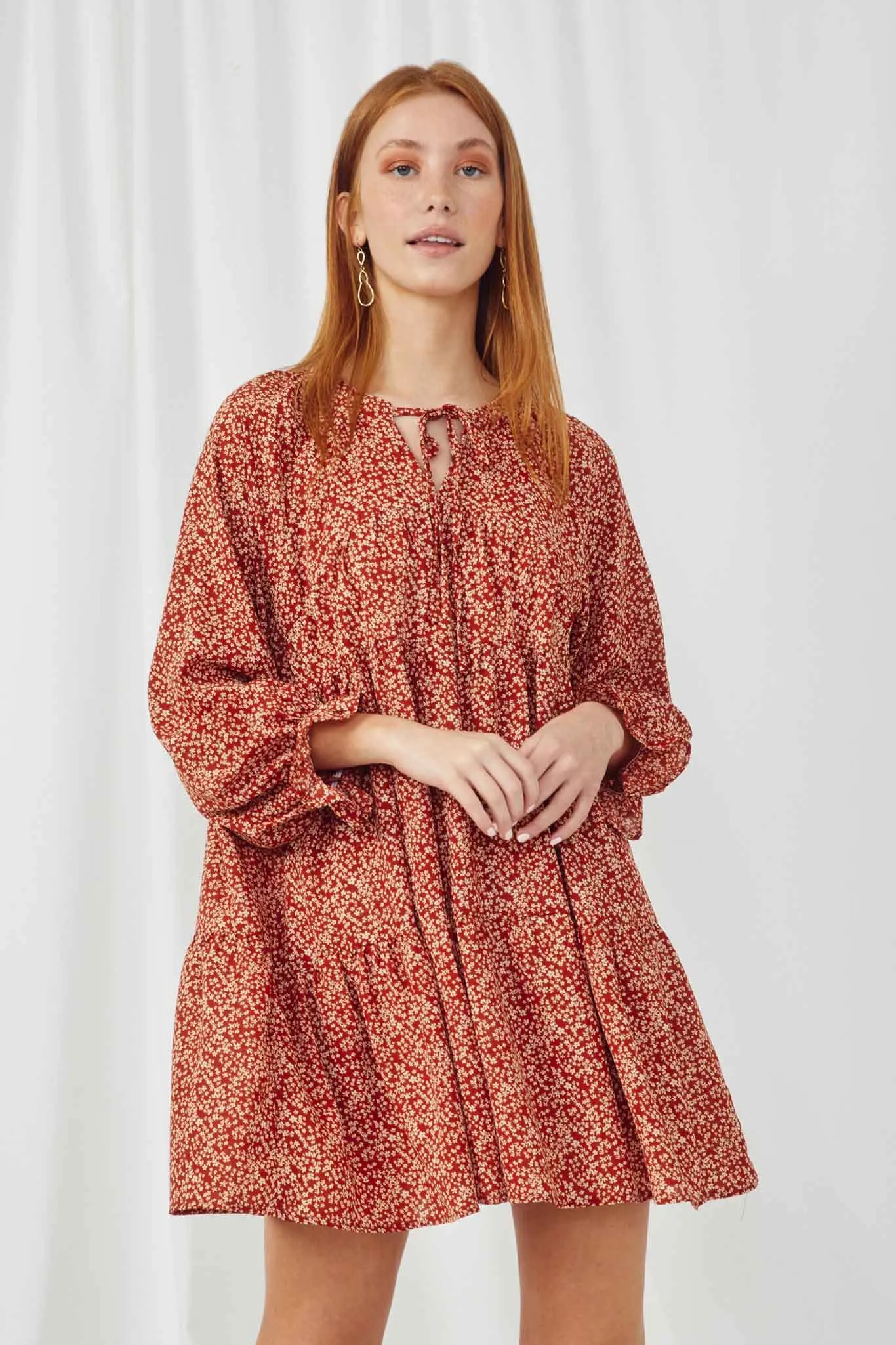 Ditsy Floral Tie Neck Long Sleeve Dress