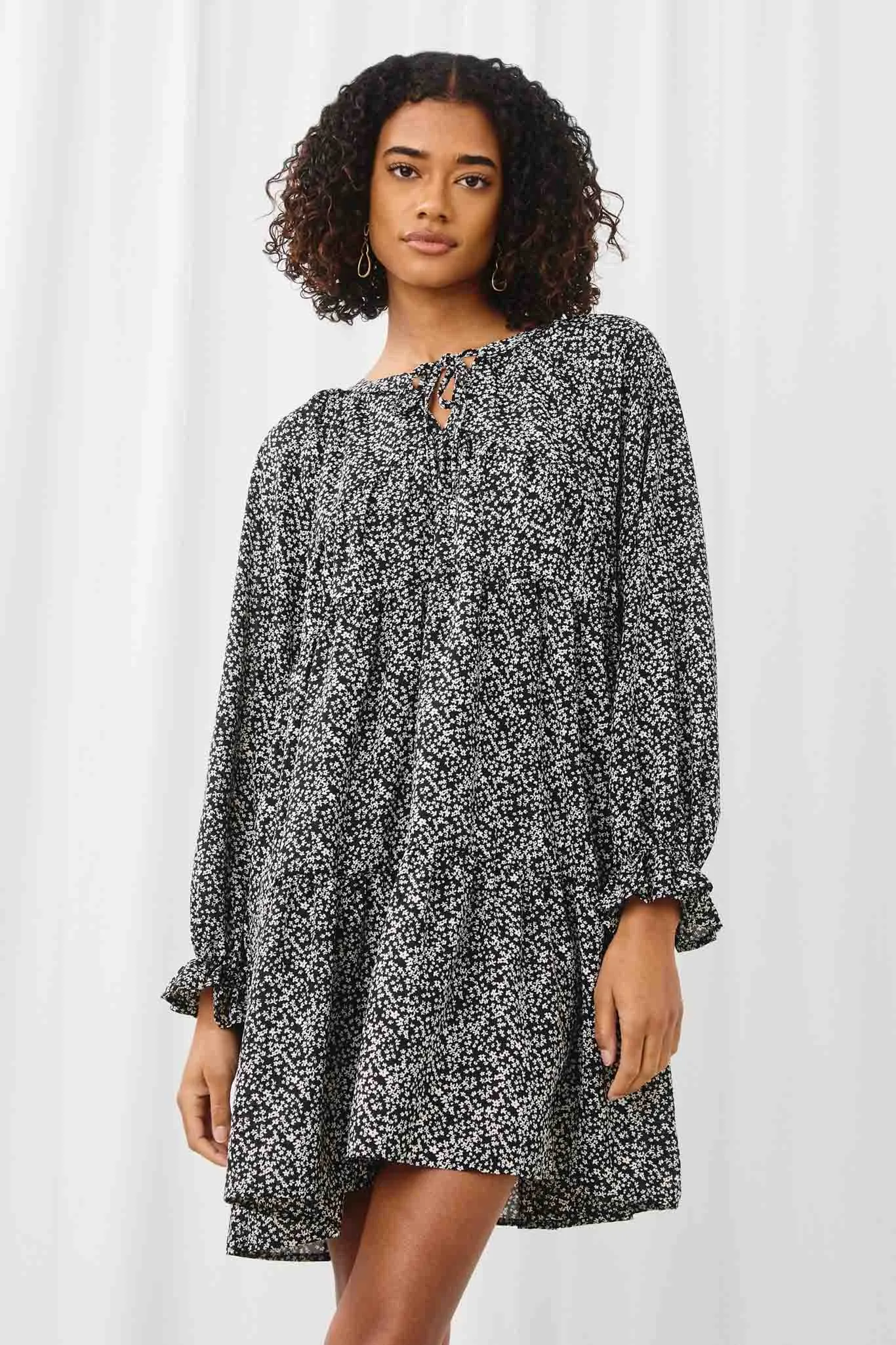 Ditsy Floral Tie Neck Long Sleeve Dress