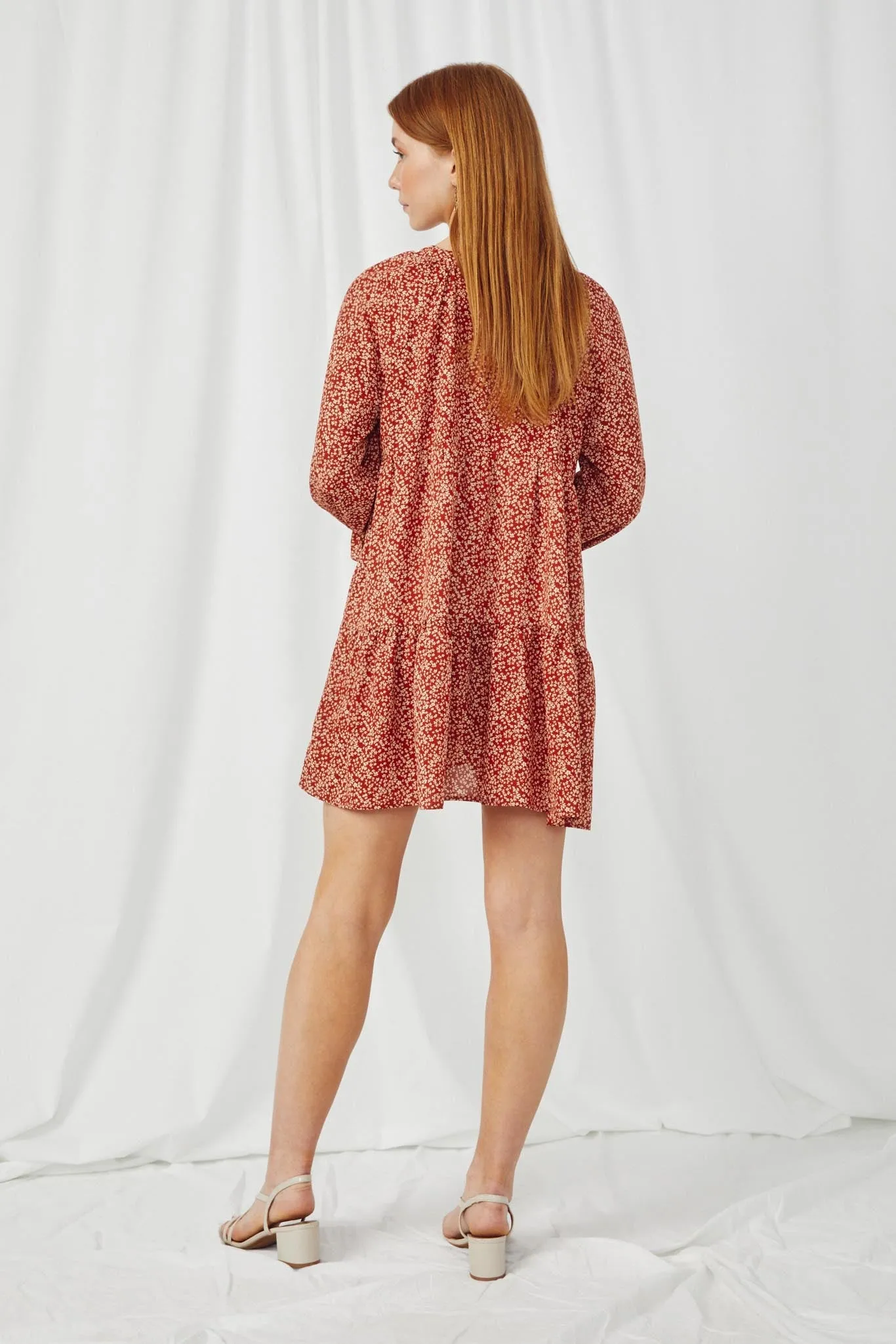 Ditsy Floral Tie Neck Long Sleeve Dress