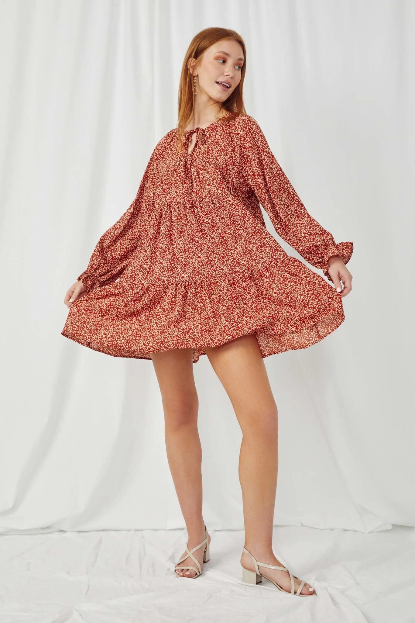 Ditsy Floral Tie Neck Long Sleeve Dress