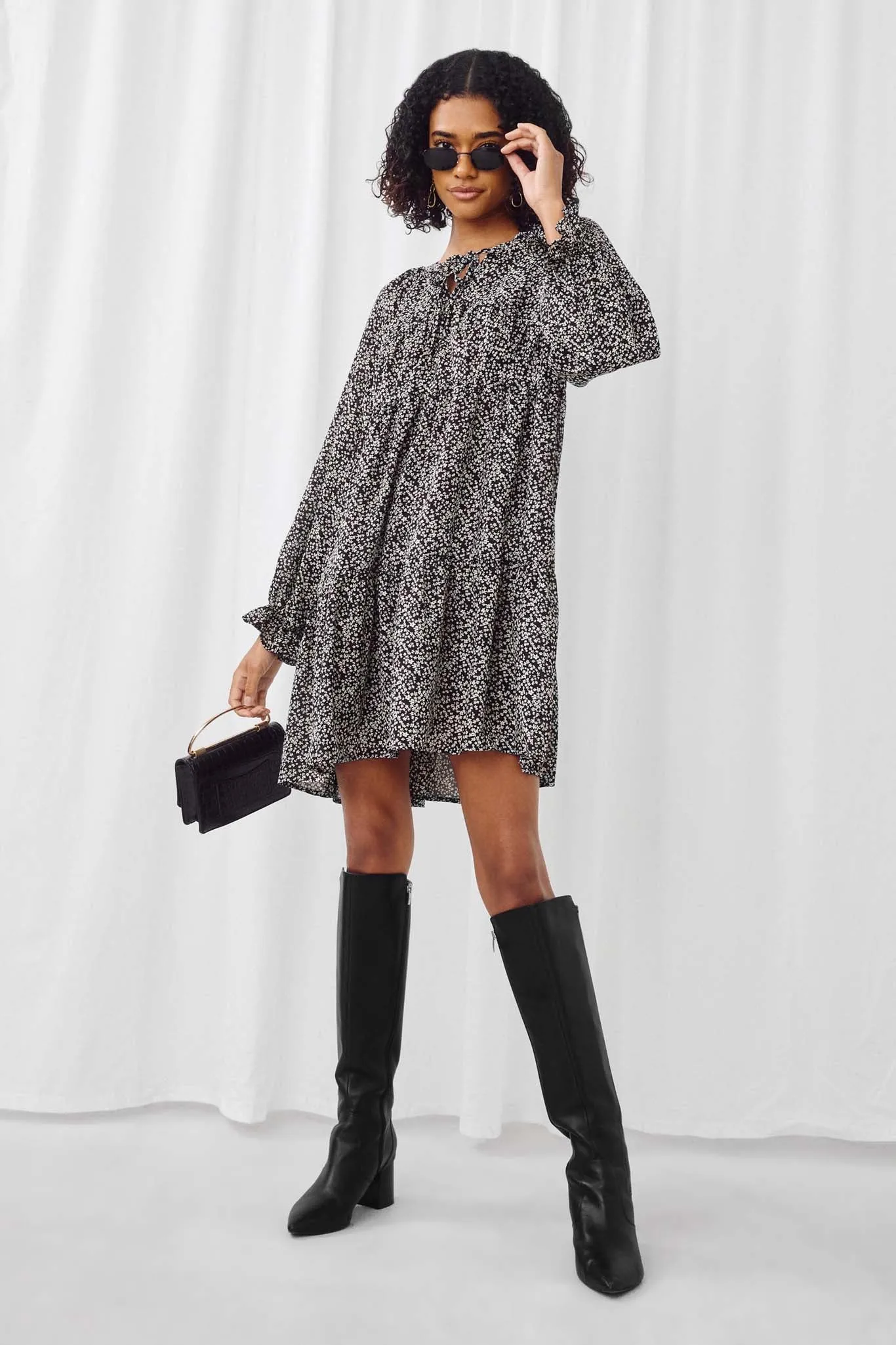 Ditsy Floral Tie Neck Long Sleeve Dress