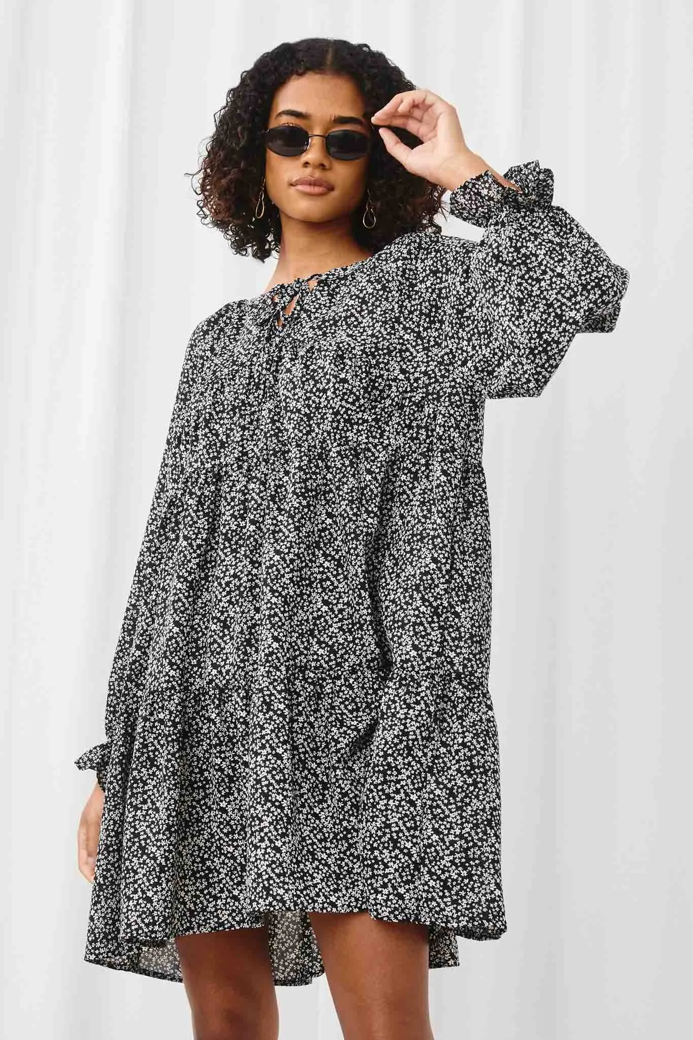 Ditsy Floral Tie Neck Long Sleeve Dress