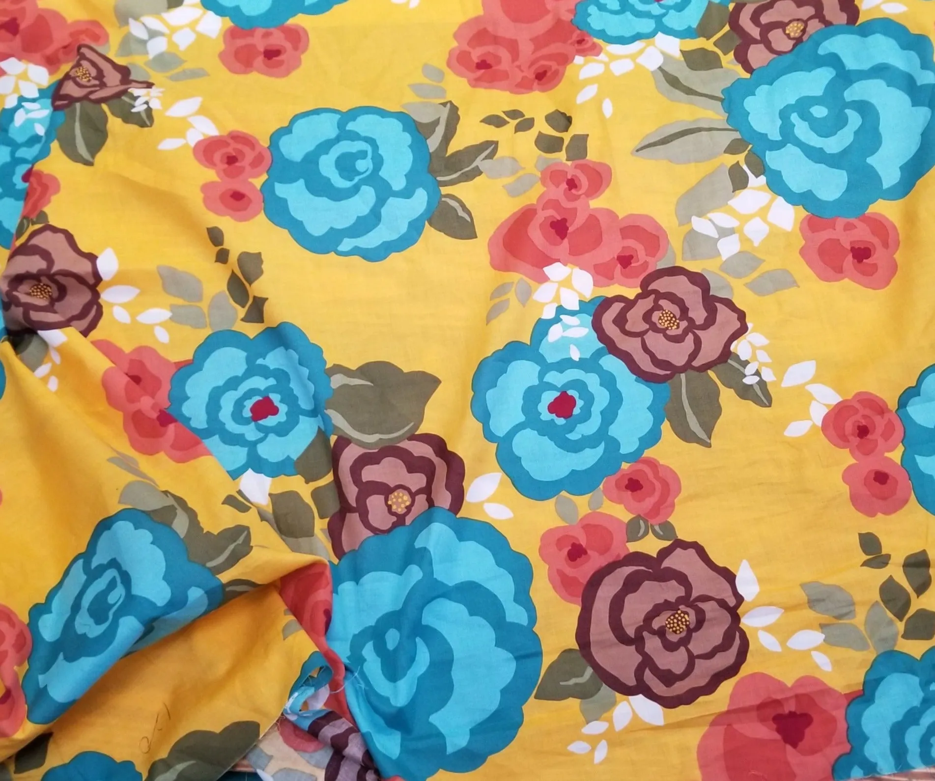 End of BOlt: 3 yards of Designer Deadstock Cotton Lawn Large Floral Marigold Yellow 2.36oz Woven- remnant