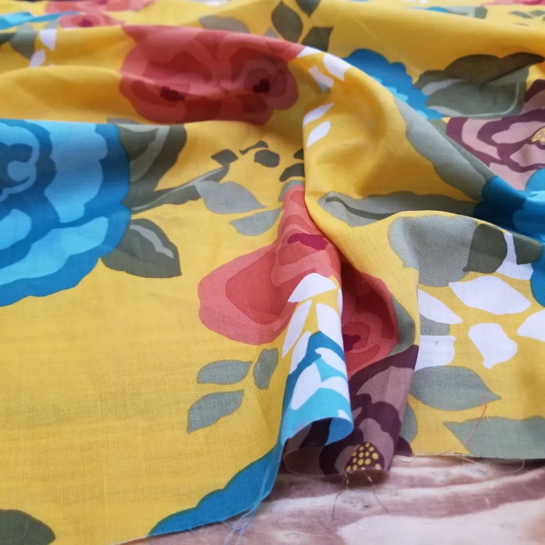 End of BOlt: 3 yards of Designer Deadstock Cotton Lawn Large Floral Marigold Yellow 2.36oz Woven- remnant