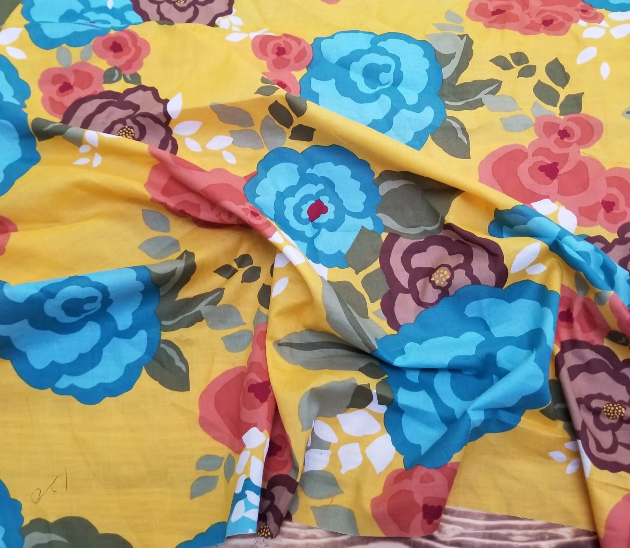 End of BOlt: 3 yards of Designer Deadstock Cotton Lawn Large Floral Marigold Yellow 2.36oz Woven- remnant