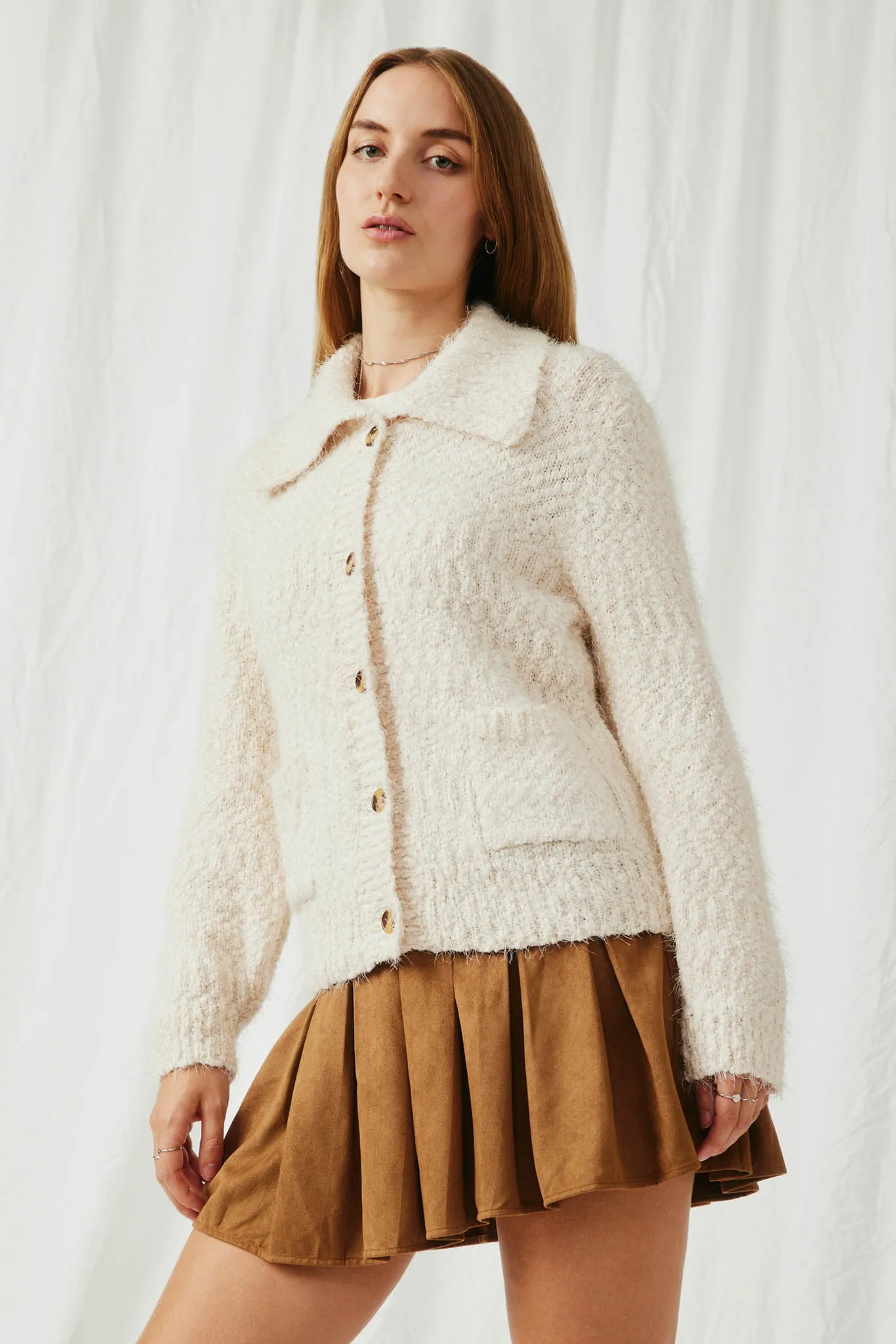 Fuzzy Popcorn Knit Button Up Collared Sweater Cardigan