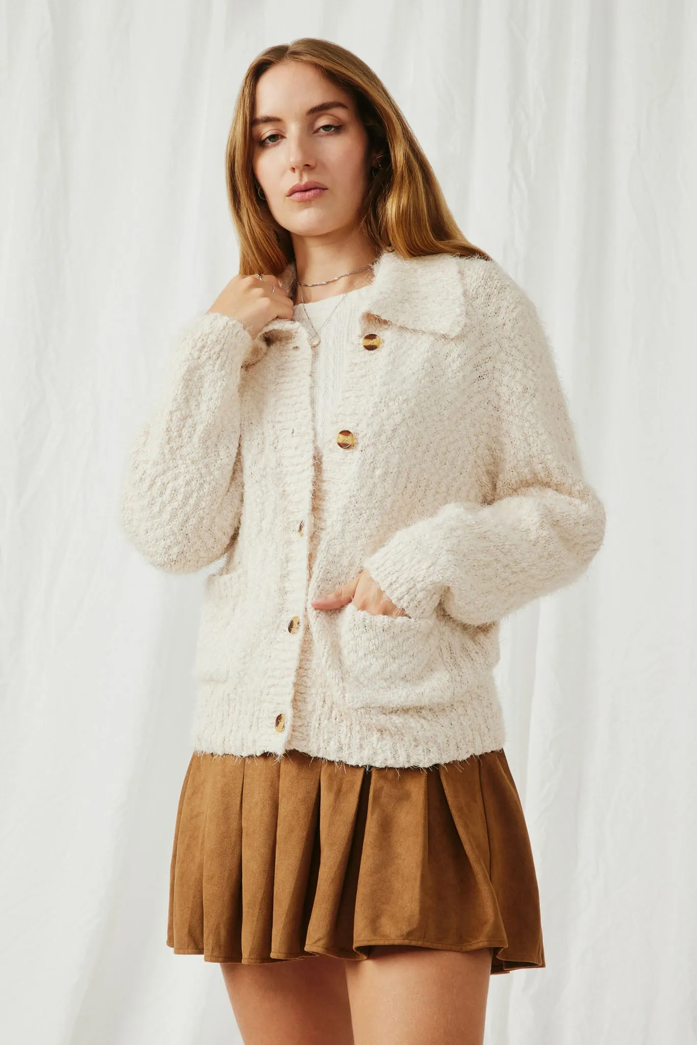 Fuzzy Popcorn Knit Button Up Collared Sweater Cardigan