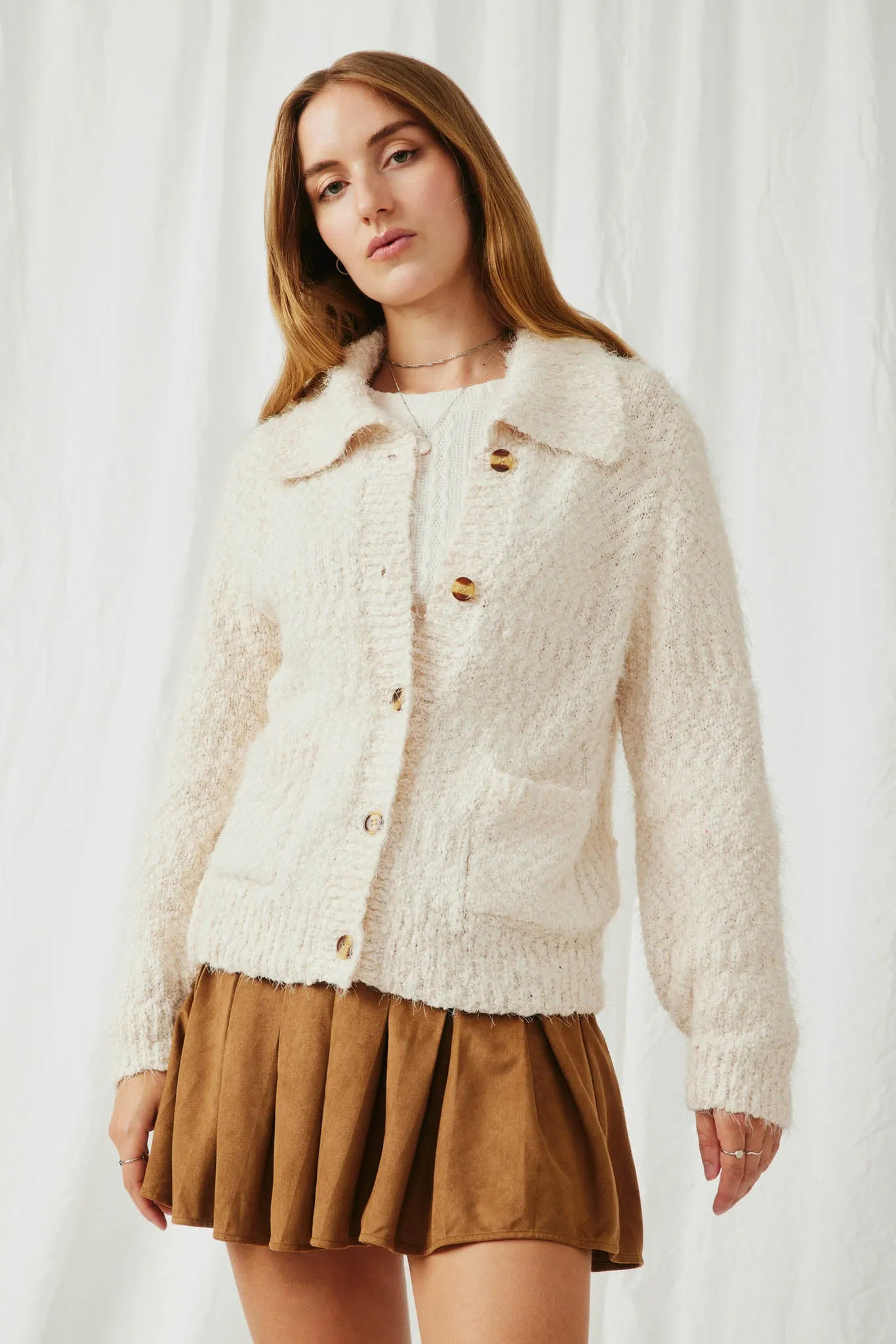 Fuzzy Popcorn Knit Button Up Collared Sweater Cardigan