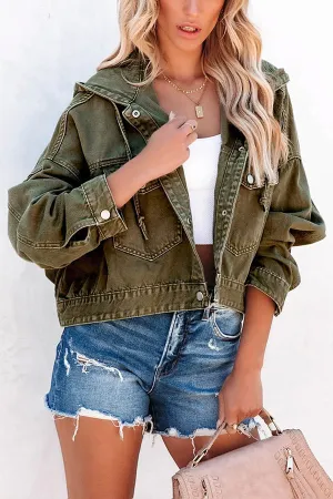 Green Large Pockets Casual Hooded Cropped Denim Jacket