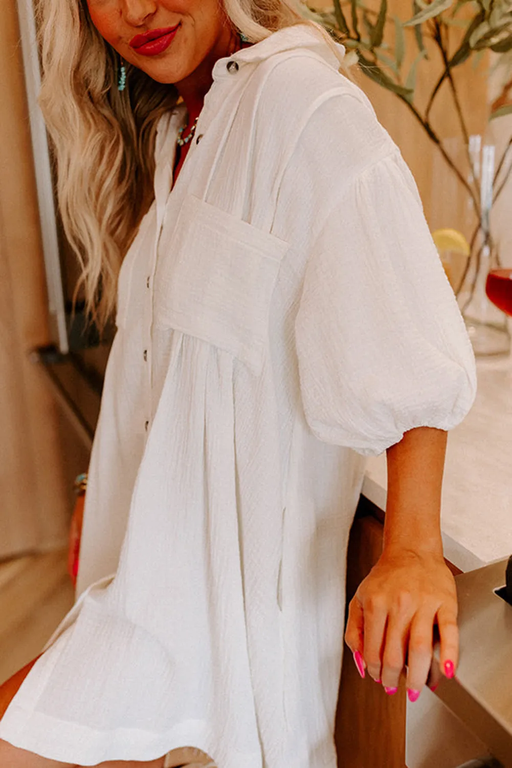 Half Puff Sleeve Buttoned Shirt Mini Dress