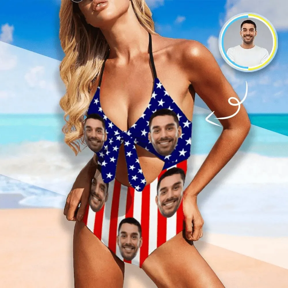 #Independence Day-Custom Face Flag Swimsuit Personalized Women's Backless Bow One Piece Bathing Suit Celebrate Holiday