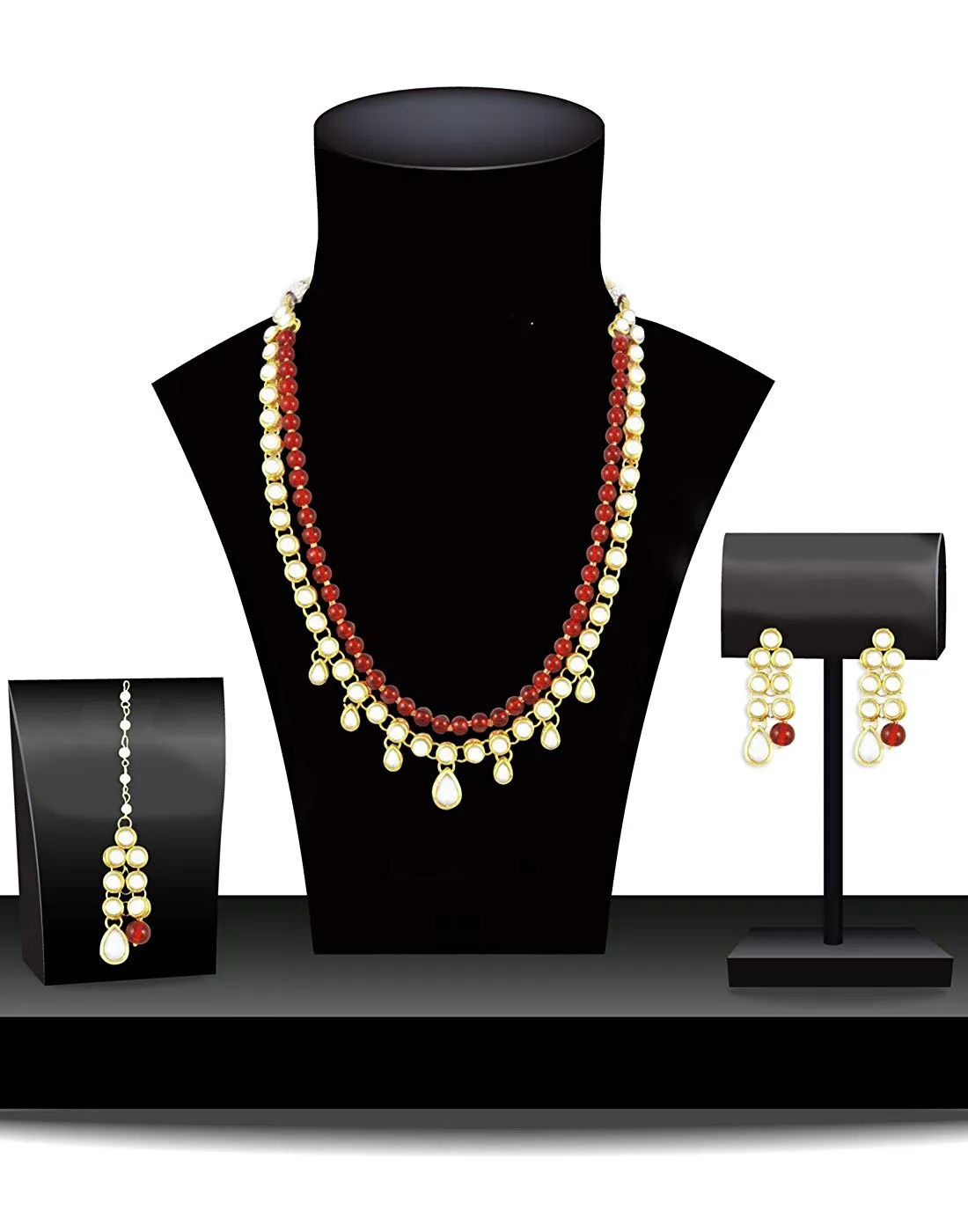 Karatcart 22K GoldPlated Kundan Layered Red Drop Rani Haar Necklace Set